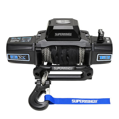Superwinch winch with blue strap on a white background