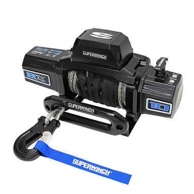 Superwinch winch with blue strap on a white background angled to the left