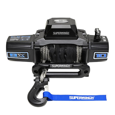 Superwinch winch with blue strap on a white background