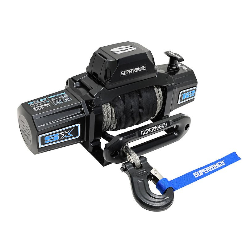 Superwinch winch with cable on a white background angled to the right
