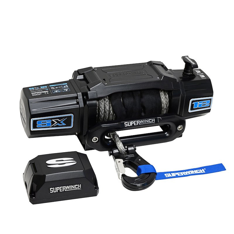 Superwinch winch with cable and control unit on a white background